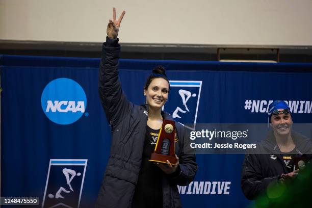 Alex Walsh celebrates a 1st place finish in the 400 IM final during the Division I Womens Swimming & Diving Championships held at the Allan Jones...