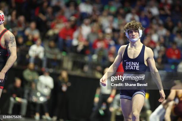 Levi Haines of Penn State wins by decision over Peyton Robb of Nebraska during the Division I Mens Wrestling Championship held at the BOK Center on...