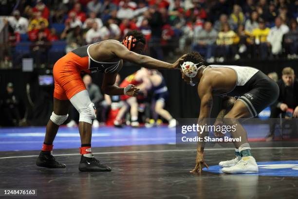 David Carr of Iowa State wins by decision over Quincy Monday of Princeton during the Division I Mens Wrestling Championship held at the BOK Center on...