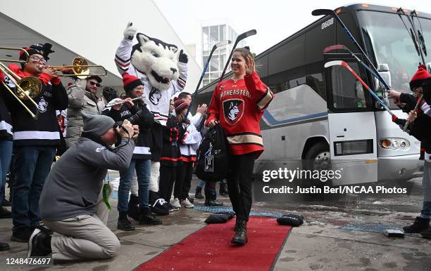 Alina Mueller of the Northeastern Huskies arrives for the game against the Ohio State Buckeyes during the Division I Womens Ice Hockey Semifinals...