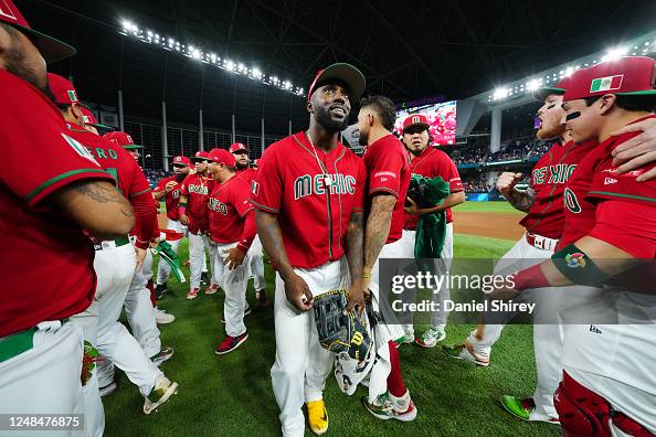 Mexico Randy Baseball Randy Arozarena of Team Mexico celebrates with teammates after a 5-4 ...
