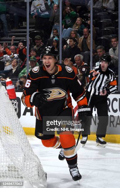 Ryan Strome of the Anaheim Ducks celebrates a goal in the first period of the game against the Columbus Blue Jackets at Honda Center on March 17,...
