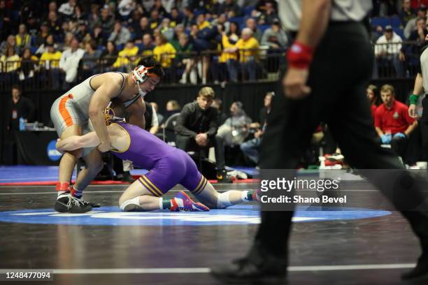 Parker Keckeisen of Northern Iowa wins by decision over Trey Munoz of Oregon State during the Division I Mens Wrestling Championship held at the BOK...