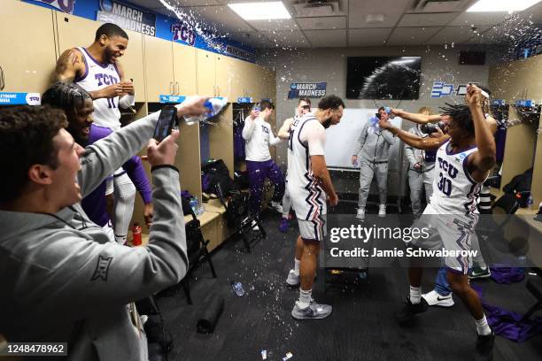 JaKobe Coles of the TCU Horned Frogs celebrates with teammates after defeating Arizona State Sun Devils during the first round of the 2023 NCAA Men's...