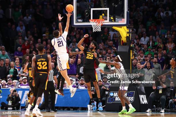 JaKobe Coles of the TCU Horned Frogs shoots the game winning shot against the Arizona State Sun Devils during the first round of the 2023 NCAA Men's...