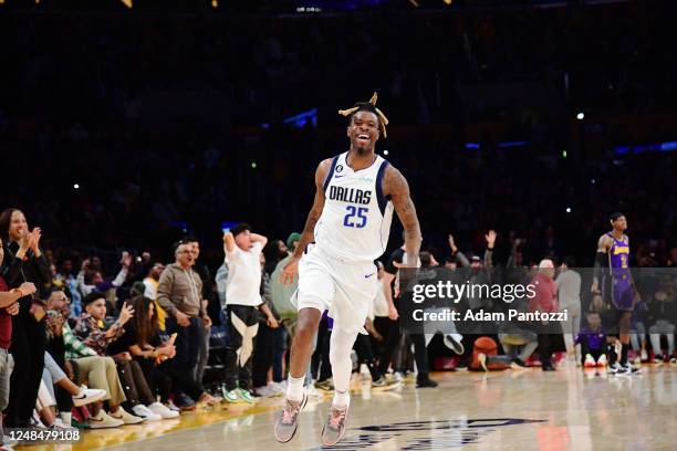 Reggie Bullock of the Dallas Mavericks reacts after defeating the Los Angeles Lakers on March 17, 2023 at Crypto.Com Arena in Los Angeles,...