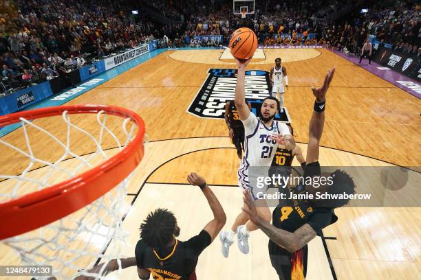 JaKobe Coles of the TCU Horned Frogs shoots the game winning shot against the Arizona State Sun Devils during the first round of the 2023 NCAA Men's...