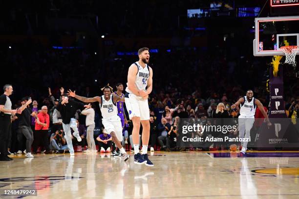 Maxi Kleber of the Dallas Mavericks celebrates after hitting a buzzer beater to win the game against the Los Angeles Lakers on March 17, 2023 at...