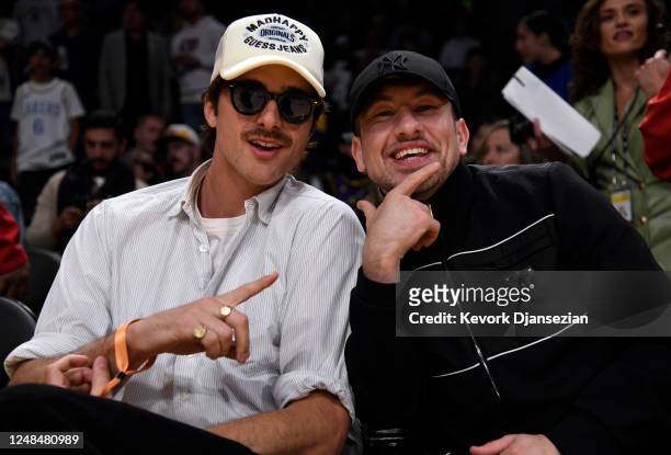 Jacob Elordi and Barry Keoghan attend a basketball game between Dallas Mavericks and Los Angeles Lakers at Crypto.com Arena on March 17, 2023 in Los...