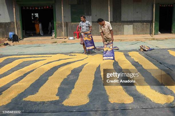 Workers lay "Finger Fryums" to dry, which is a finger shaped food made from seasoned dough, in a factory on the outskirts of Agartala, India on March...