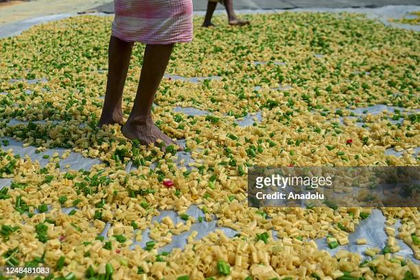 Worker lays "Finger Fryums" to dry, which is a finger shaped food made from seasoned dough, in a factory on the outskirts of Agartala, India on March...
