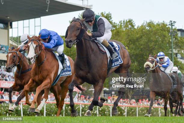 Mr Brightside ridden by Luke Currie wins the The Sharp EIT ALL-STAR MILE at Moonee Valley Racecourse on March 18, 2023 in Melbourne, Australia.