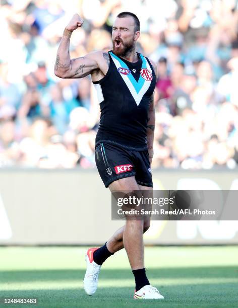 Charlie Dixon of the Power celebrates a goal during the 2023 AFL Round 01 match between the Port Adelaide Power and the Brisbane Lions at Adelaide...