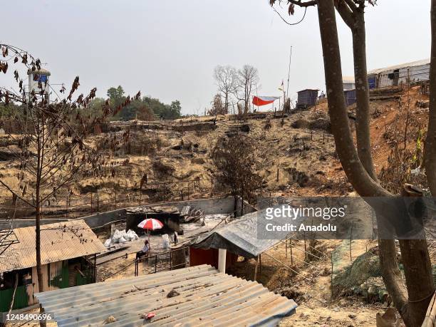 Site of the burnt Rohingya camp as the persecuted people were rebuilding tents with bamboo and tarpaulin sheets at the refugee camp no. 11 in the...