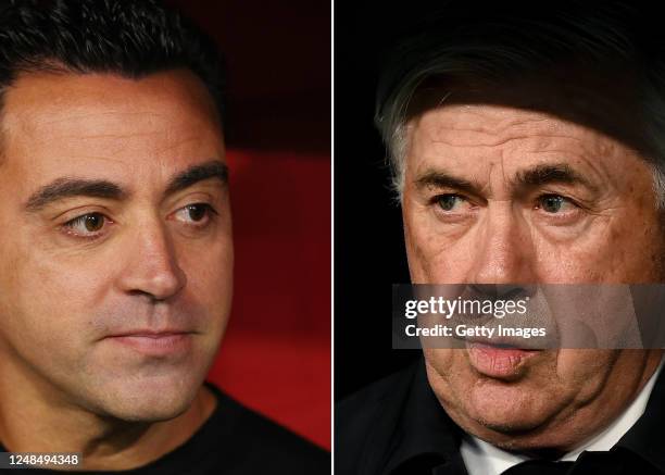In this composite image a comparison has been made between Head coach Xavi Hernandez of FC Barcelona and Head coach Carlo Ancelotti of Real Madrid...