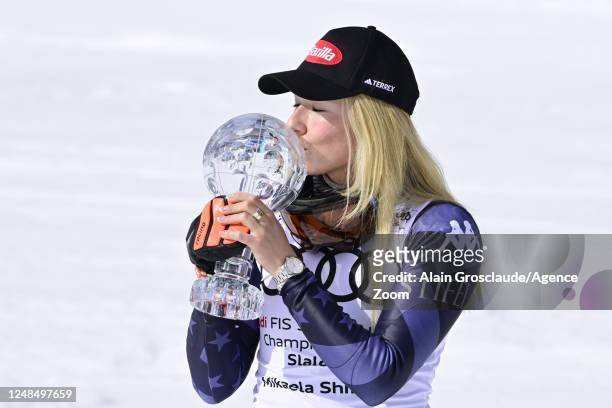 Mikaela Shiffrin of Team United States wins the globe in the overall standings during the Audi FIS Alpine Ski World Cup Finals Women's Slalom on...