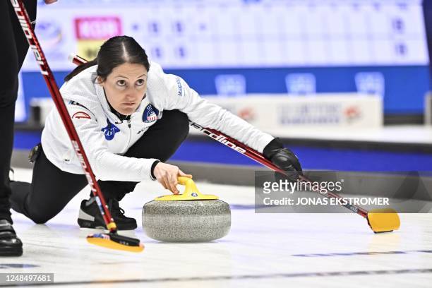 S Tabitha Peterson competes during the match between Switzerland and USA, in the round robin session 1 of the LGT World Womens Curling Championship,...