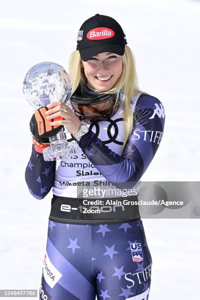 Mikaela Shiffrin of Team United States wins the globe in the overall standings during the Audi FIS Alpine Ski World Cup Finals Women's Slalom on...