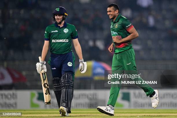 Bangladesh's Taskin Ahmed celebrates after the dismissal of Ireland's Lorcan Tucker during the first one-day international cricket match between...