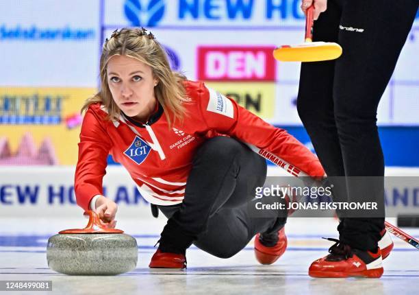 Denmark's Madeleine Dupont competes during the match between Denmark and Japan, in the round robin session 1 of the LGT World Womens Curling...