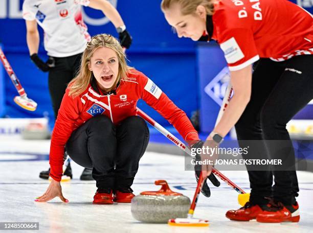 Denmark's Madeleine Dupont and Denise Dupont compete during the match between Denmark and Japan, in the round robin session 1 of the LGT World Womens...