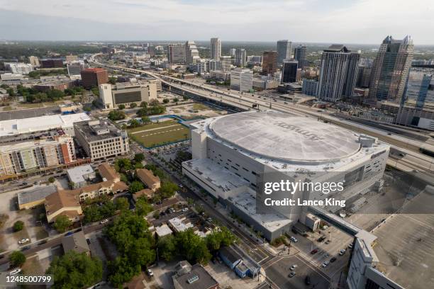 An aerial view of Amway Center and surrounding downtown Orlando area ahead of the second round of the NCAA Men's Basketball Tournament on March 18,...