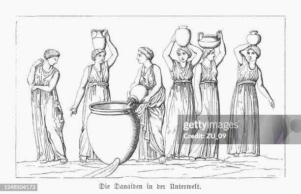 the danaids in the underworld, wood engraving, published in 1868 - grecian urns stock illustrations