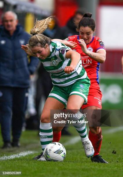 Dublin , Ireland - 18 March 2023; Lia O'Leary of Shamrock Rovers in action against Noelle Murray of Shelbourne during the SSE Airtricity Women's...