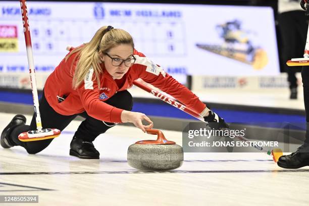 Switzerland's Alina Paetz competes during the match between Switzerland and USA, in the round robin session 1 of the LGT World Womens Curling...