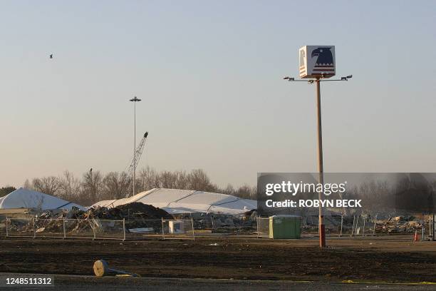 All that remains of he US Airways Arena in Landover, Maryland is an eagle sign in the arena's former parking lot after the structure was destroyed to...