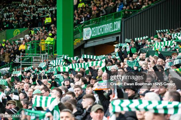 Celtic fans during a cinch Premiership match between Celtic and Hibernian at Celtic Park, on March 18 in Glasgow, Scotland.