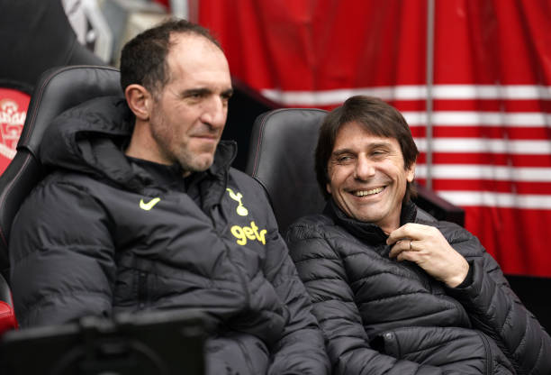 Tottenham Hotspur assistant manager Cristian Stellini and manager Antonio Conte during the Premier League match at St Mary's Stadium, Southampton....