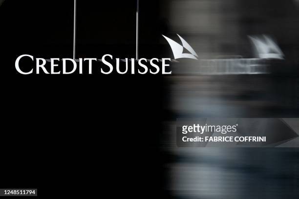 Sign of Credit Suisse is seen at the headquarters of the Switzerland's second-biggest bank, in Zurich on March 18, 2023. - Switzerland's largest...