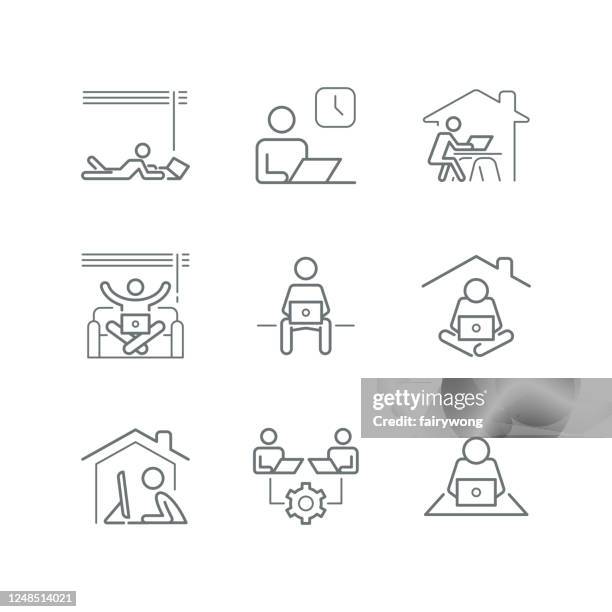 arbeiten sie von derheimatlinie symbole, bleiben sie zu hause symbole - zu hause bleiben redewendung stock-grafiken, -clipart, -cartoons und -symbole