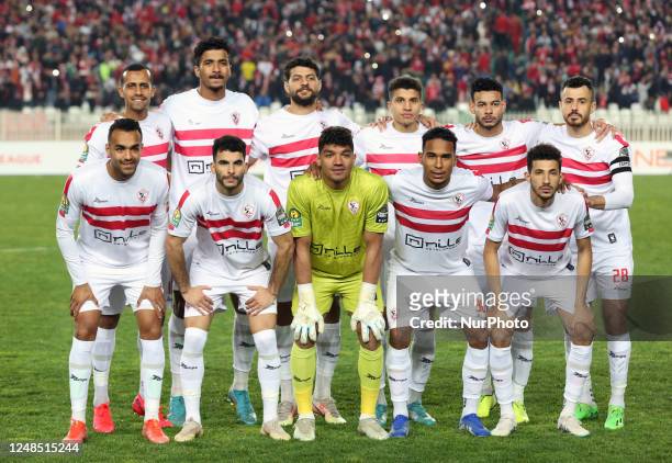 Zamalek's starters pose for a group photo before the CAF Champions League 2023 football match between CR Belouizdad of Algeria and Zamalek of Egypt...