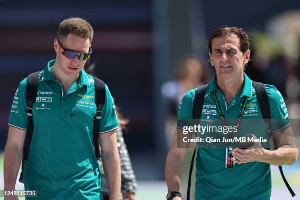 Stoffel Vandoorne of Belgium and reserve driver of Aston Martin Aramco Cognizant F1 Team and Pedro de la Rosa of Spain and Team Ambassador for Aston...