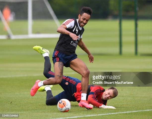 Matt Macey and Pierre-Emerick Aubameyang of Arsenal during a training session at London Colney on June 09, 2020 in St Albans, England.
