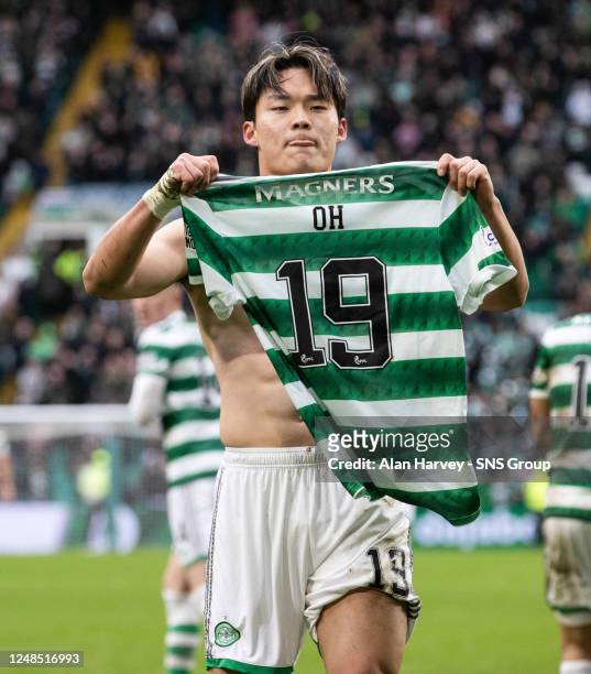 Celtic's Oh Hyeon-gyu celebrates after scoring to make it 2-1 during a cinch Premiership match between Celtic and Hibernian at Celtic Park, on March...