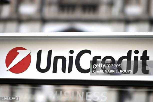 This picture taken on March 18, 2023 shows the logo of Italian bank Unicredit in Milan.