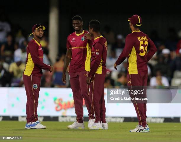 West Indies celebrates the dismissal of Tony de Zorzi of South Africa during the 2nd Betway ODI match between South Africa and West Indies at Buffalo...