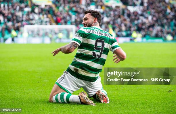 Celtic's Sead Haksabanovic celebrates after scoring to make it 3-1 during a cinch Premiership match between Celtic and Hibernian at Celtic Park, on...