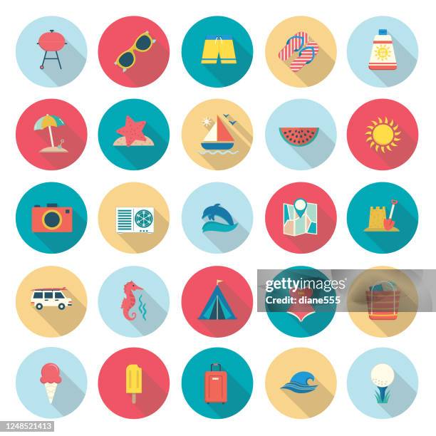 ilustraciones, imágenes clip art, dibujos animados e iconos de stock de iconos de verano con sombras - bolsa de playa