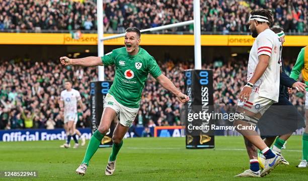 Dublin , Ireland - 18 March 2023; Jonathan Sexton of Ireland celebrates after teammate Dan Sheehan, not pictured, scored their side's first try...