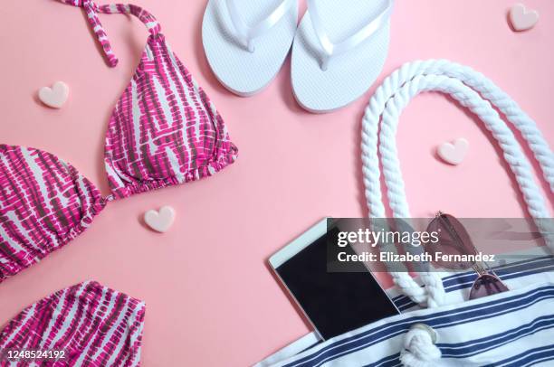 top view woman summer stuff, pink background - beach flat lay stock pictures, royalty-free photos & images