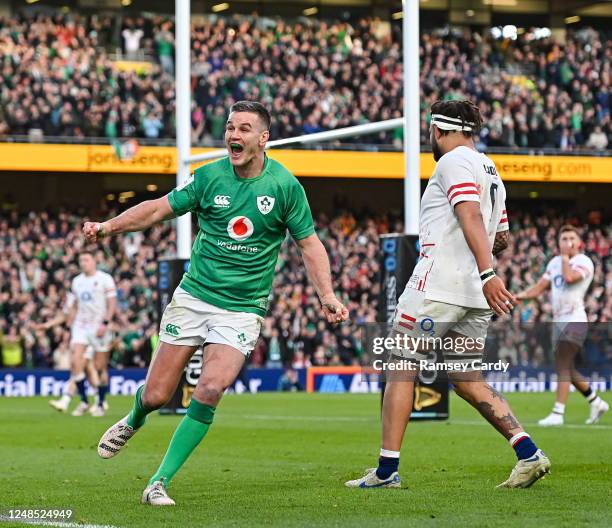 Dublin , Ireland - 18 March 2023; Jonathan Sexton of Ireland celebrates after teammate Dan Sheehan, not pictured, scored their side's first try...