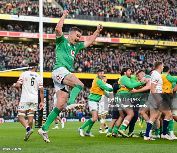 Dublin , Ireland - 18 March 2023; Jonathan Sexton of Ireland celebrates after teammate Dan Sheehan, not pictured, scored their side's first try...
