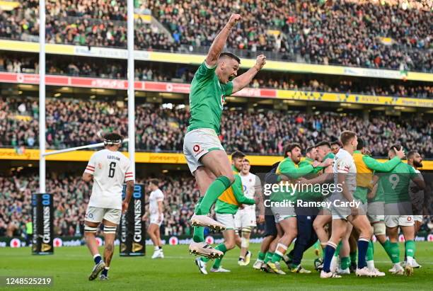 Dublin , Ireland - 18 March 2023; Jonathan Sexton of Ireland celebrates after teammate Dan Sheehan, not pictured, scored their side's first try...