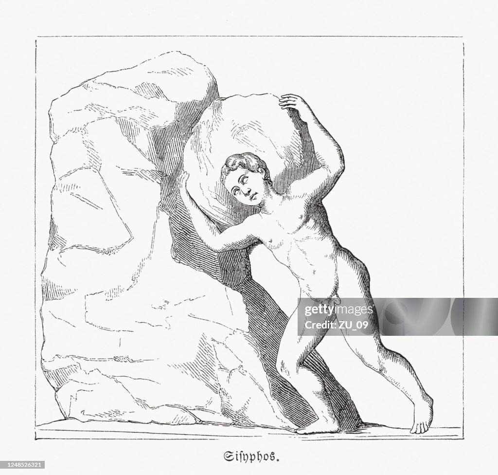 Sisyphus rolling a stone, wood engraving, published in 1868