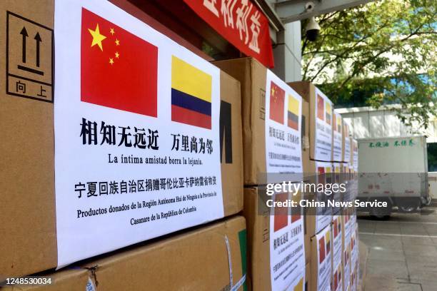 Boxes of medical supplies which will be donated to Colombia's Casanare are seen on June 9, 2020 in Yinchuan, Ningxia Hui Autonomous Region of China....