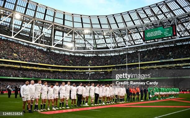 Dublin , Ireland - 18 March 2023; Both teams line up for their national anthems before the Guinness Six Nations Rugby Championship match between...